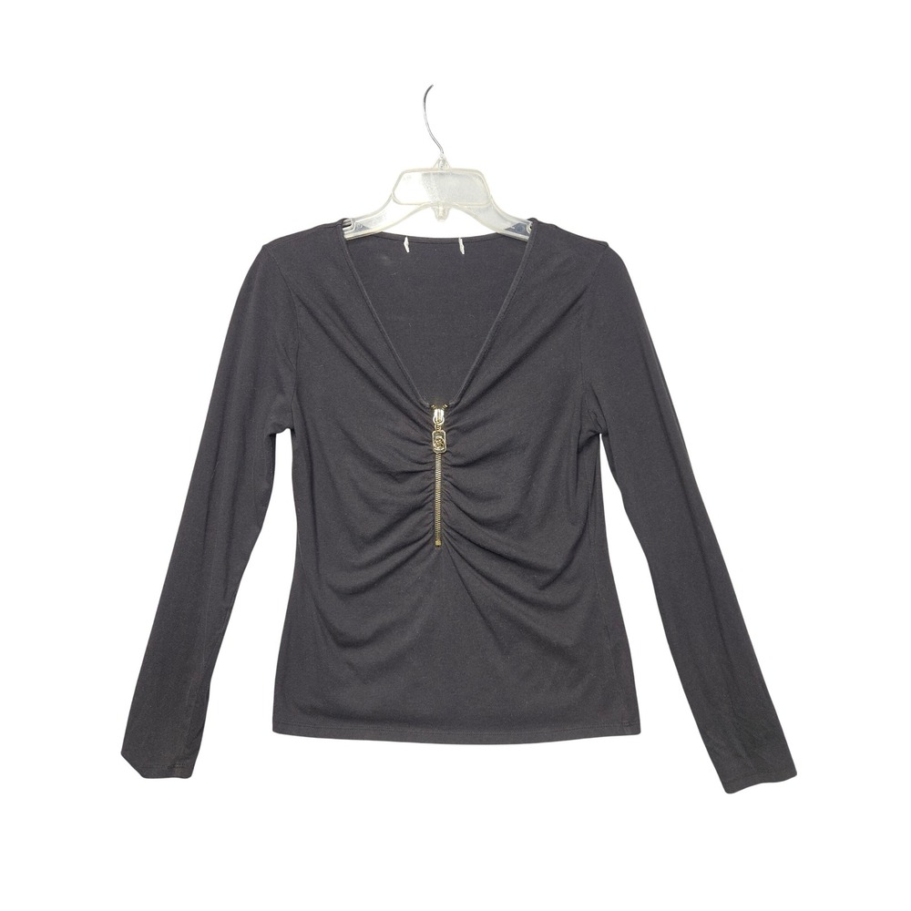 Michael Kors Womens Black Long Sleeve Ruched V-Neck Gold Zip Front Top